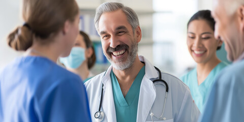 A seasoned doctor displays a warm smile among a group of healthcare professionals, highlighting cordial relations and a supportive work environment