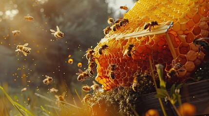 Beehive with visible honeycomb frames and bees at work. Pollination, pollen, beehive, insects, apiary, nature, beekeeping, agriculture, village, domestic bees, honey. Generative by AI.