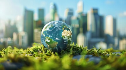 The image shows a 3D rendering of the Earth in front of a blurred cityscape. The Earth is covered in moss.