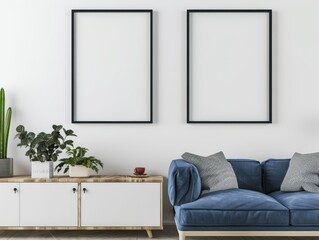 A living room with a white couch and a black framed picture on the wall