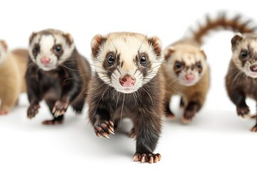 Fototapeta premium A group of playful ferrets running around on a cle ferret, animal, raccoon, mammal, polecat, pet, white background, isolated, wildlife, brown, white, wild, nature, vertebrate, mustela, animals, young,