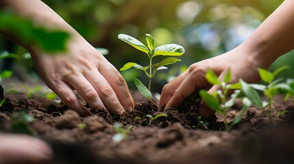 Two hands carefully planting a small tree in the soil.