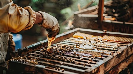 Beekeeper inspects frame filled with beeswax, honey, home production. Beauty of nature, apiary, freshly collected honey, beekeeping, agriculture, delicacy, protective suit. Generative by AI.
