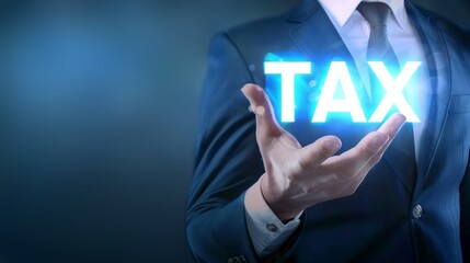 A man in suit hand holding the glowing word Tax