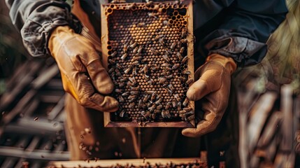 Beekeepers hands holding frame covered with bees and brood, hand protection, home production. Beauty of nature, close up, beekeeping, agriculture, natural products. Generative by AI.