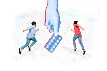 Creative abstract template collage of hand hold pills medicine recipe two man running unusual fantasy billboard comics zine