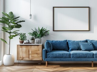 A living room with a blue couch and a wooden cabinet
