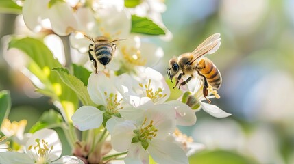 Honey bees pollinating apple blossoms in an orchard. Honey, bees in wild, pollen, white petals, beauty of nature, insects, close up, beekeeping, agriculture, nature protection. Generative by AI.