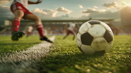 Football striker taking penalty kick. Football, game, football field, lawn, realistic style, dribbling, lower angle, soccer ball, match, competition. Leisure concept. Generative by AI.