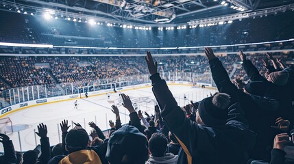 Hockey, fans, show, performance, skates, fans, hands up. Competition, hockey, ice rink, collision, drawn style, puck, stick, traumatic sport, rivalry, match. Generative by AI.