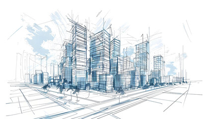 Illustrated cityscape featuring tall skyscrapers towering over the urban landscape