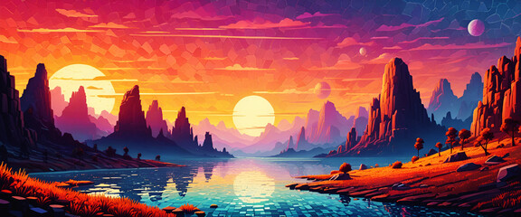 illustrazione di suggestivo paesaggio al tramonto in stile mosaico
