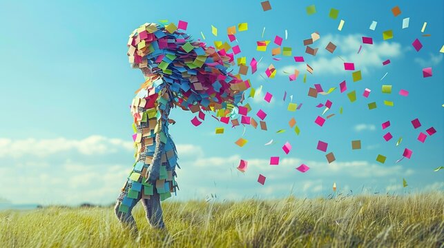 Colored stickers surround a female figure who is walking in the field and resting in nature from the stress of everyday life. The annoying office tasks fly away in the form of notepads
