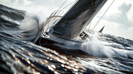 Sleek racing yacht racing through waves, wind, sailboats cut through ocean, calm sea, sun,...