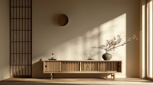 Fototapeta Experience serene Japanese minimalist interior design in a modern living room with a wooden sideboard, wall decor, and soothing ambiance. Ideal for home decor inspiration.