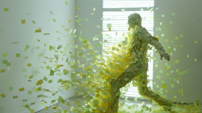 Person in green slips of paper that fly away. Concept for doing too many tasks at once 