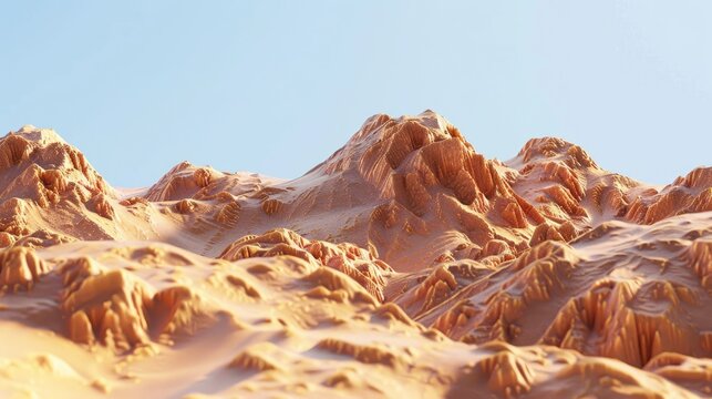 A close-up of a beautiful desert landscape with golden sand dunes and rugged rock formations under a clear sky