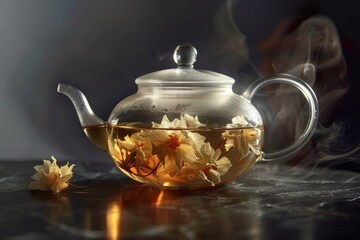 A delicate glass teapot infused with blooming jasmine tea on a simple, matte black surface with soft backlighting.