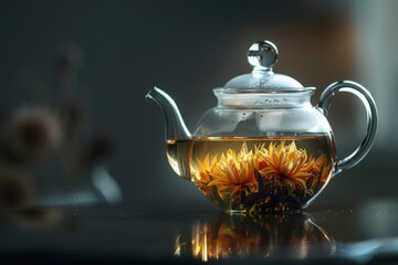 A delicate glass teapot infused with blooming jasmine tea on a simple, matte black surface with...