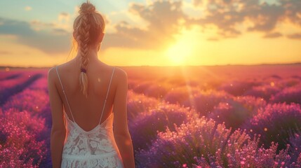 A serene woman in a lace dress is seen from behind, facing a breathtaking sunset over a vibrant...