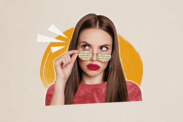 Composite photo collage of doubtful young girl wear sunglass skeptical suspicious facial expression unsure isolated on painted background