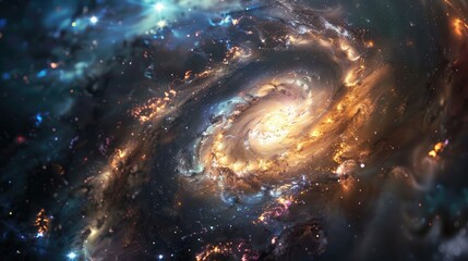 A close-up of a galaxy, showcasing its vibrant colors, swirling patterns, and sparkling stars