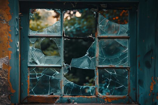 Broken glass window with hole - abandoned building interior - urban decay architecture background