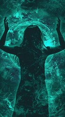 A powerful pose: a woman bathed in turquoise light, celebrating with arms raised high, visualizing her dream life through the law of attraction.