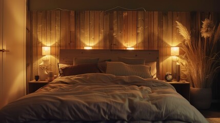 A cozy bedroom with earth-tone bedding, a wooden headboard, and soft lighting creating a relaxing space