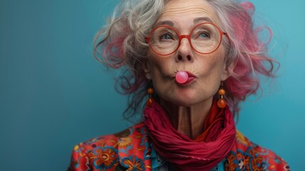 Stylish old lady with bold glasses making a pink bubble with gum - Powered by Adobe