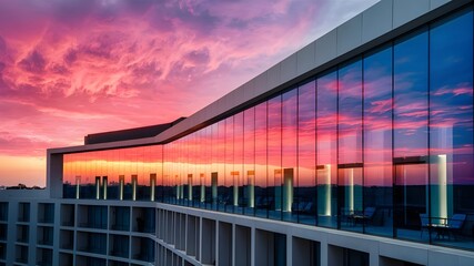 A modern hotel with sleek glass walls that reflect the vivid colors of a vibrant sunset