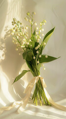Aesthetic lily of the valley bouquet tied with ribbon, light background, wedding concept invitation. Generative AI