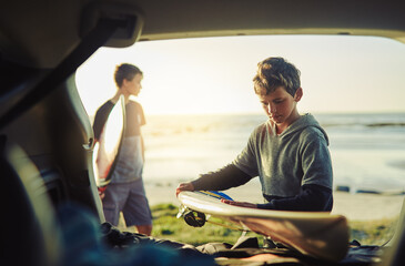 Beach, summer and boys at car with surfboard for holiday, outdoor adventure and fun weekend...