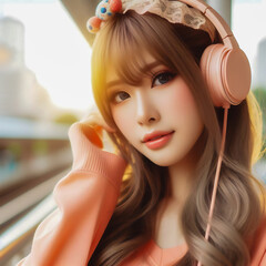 stunning portrait of a beautiful anime style girl wearing headphones listening to music