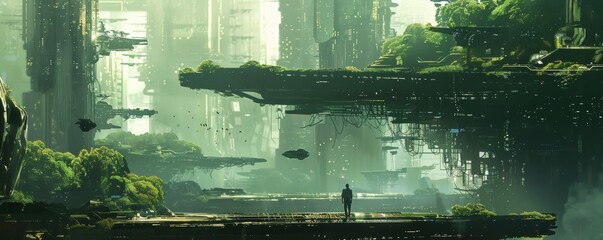 A sci-fi fantasy landscape that incorporates futuristic technology.