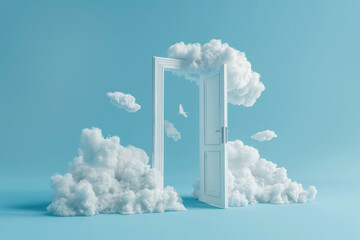 Surreal open door leading to clouds in the sky