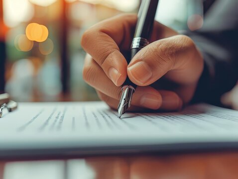 Legal contract being signed, elegant office setting with focus on the document and pen