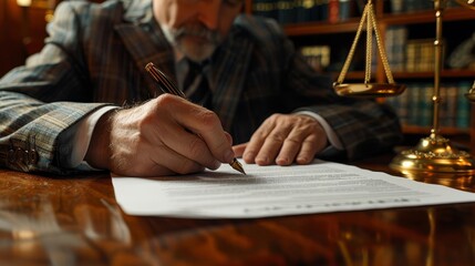 Closeup of hands signing a contract, pen and paper on a wooden desk, scales of justice nearby