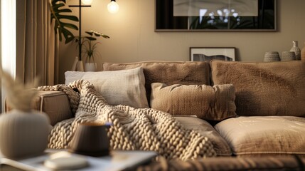 A cozy living space with earth-tone textiles, including a brown sofa, beige throw blankets, and soft lighting