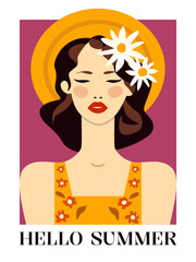 hello summer poster concept design minimalistic vector illustration with girl in straw hat and dress daisies