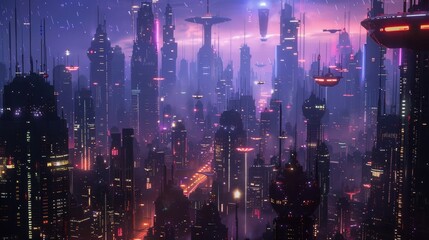 Fototapeta premium A futuristic city at dusk, illuminated by neon lights and advanced technological infrastructure