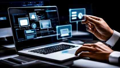 Businessman Working on Futuristic Interface Laptop.