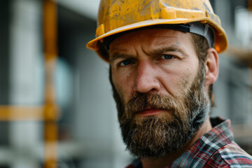 Closeup portrait of serious construction worker at site