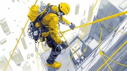 Person engaged in industrial rope access work on the side of a high-rise building. They are wearing a yellow helmet, a harness with multiple attachments
