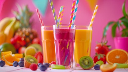 Fototapeta premium Vibrant display of fruit smoothies and fresh fruit on a pink background. The smoothies are in three tall glasses with striped straws, each glass containing a different color