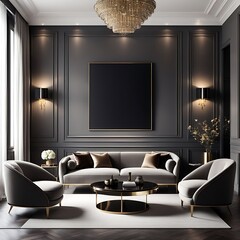 Luxury Living Room in Dark Colors with Gray Walls, Warm Lighting, and Taupe Lounge Chairs. Empty Space for Art or Picture. Rich Interior Design. Mockup of a Lounge Room or Hall Reception. 3D Render.