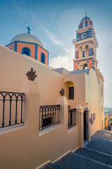 Sunny morning view of Santorini island. Picturesque spring sc ene of the famous Greek resort Thire,...