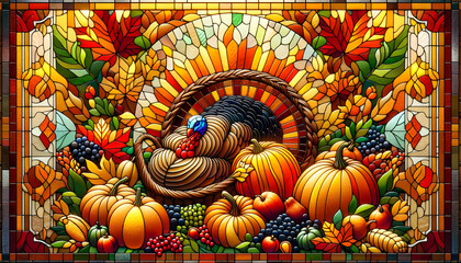 Fototapeta premium Stained glass picture of Thanksgiving celebration