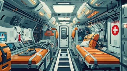 Detailed showcasing the solemn moments before embarking on a critical life saving mission in a high tech medical emergency cabin