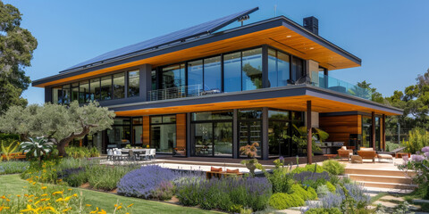 Modern sustainable house with solar panels on the roof in a lush green garden under a clear blue sky
